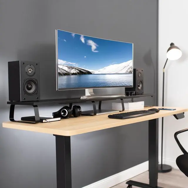 Alt view image 2 of 7 - VIVO Black Wood 55" Wide Desktop Stand Ergonomic TV Monitor Riser Desk Organizer