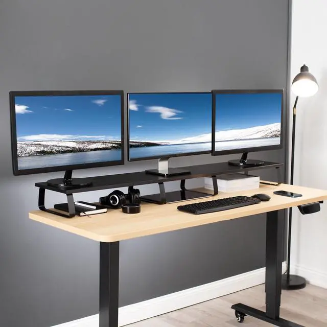 Alt view image 4 of 7 - VIVO Black Wood 55" Wide Desktop Stand Ergonomic TV Monitor Riser Desk Organizer
