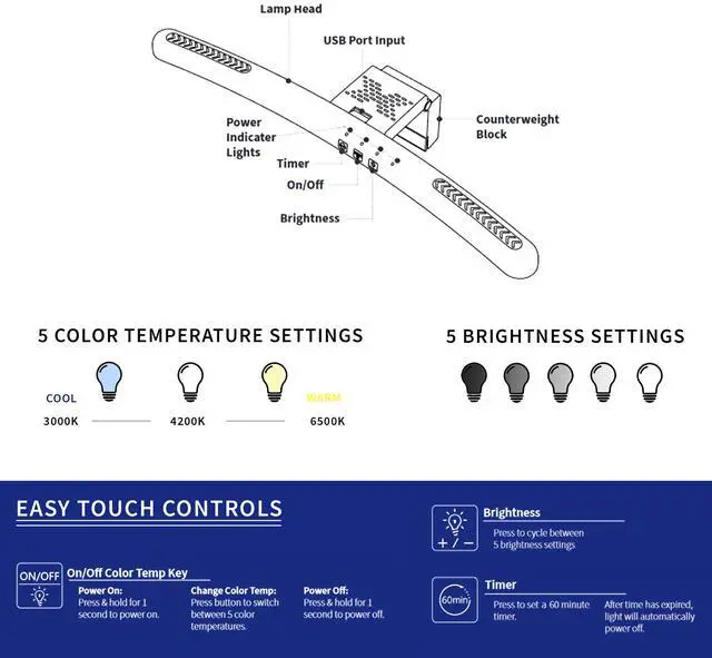 Alt view image 6 of 8 - VIVO Black 16 inch Curved Lightbar with 5 Color Temperatures, USB Powered