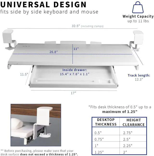 Alt view image 5 of 7 - VIVO White Extra Sturdy Clamp-on Computer Keyboard Tray with Pencil Drawer