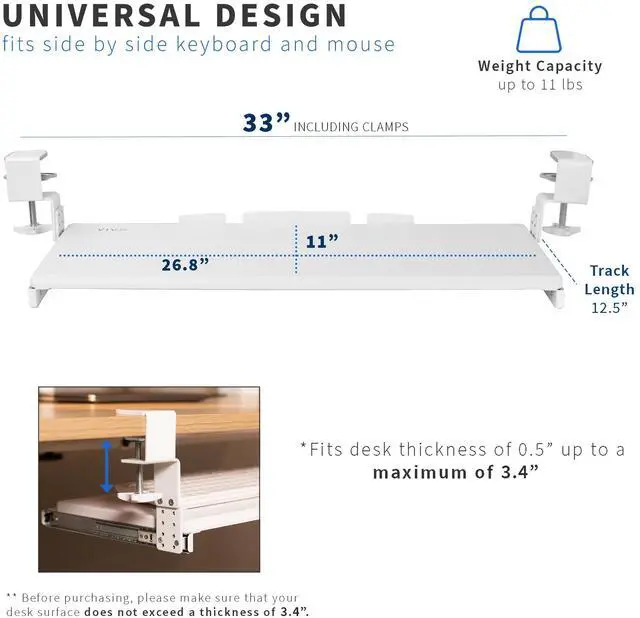 Alt view image 4 of 7 - VIVO White Clamp-on Height Adjustable Keyboard and Mouse Under Desk Slider Tray