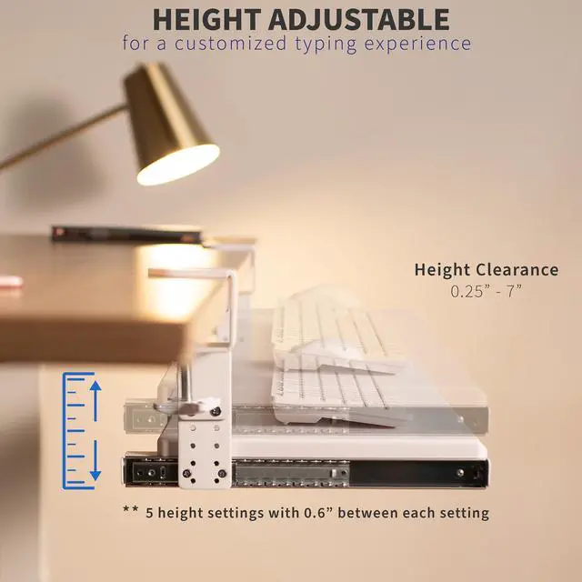 Alt view image 7 of 7 - VIVO White Clamp-on Height Adjustable Keyboard and Mouse Under Desk Slider Tray