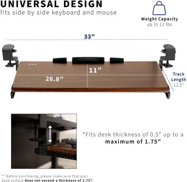 Alt view image 4 of 7 - VIVO Dark Walnut Clamp-on Height Adjustable Keyboard & Mouse Under Desk Tray