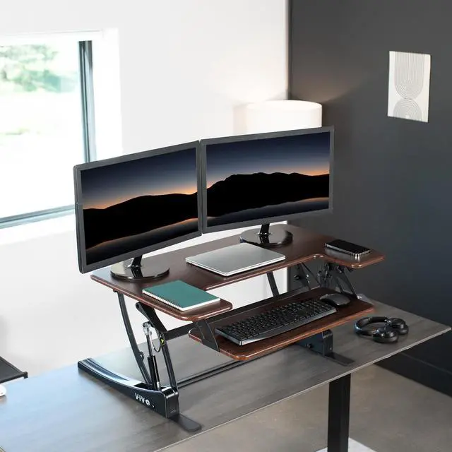 Alt view image 2 of 7 - VIVO Dark Wood Height Adjustable Standing Desk Monitor Riser Tabletop Sit Stand