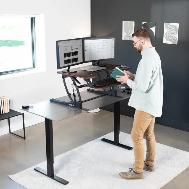 Alt view image 3 of 7 - VIVO Dark Wood Height Adjustable Standing Desk Monitor Riser Tabletop Sit Stand