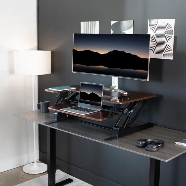 Alt view image 6 of 7 - VIVO Dark Wood Height Adjustable Standing Desk Monitor Riser Tabletop Sit Stand