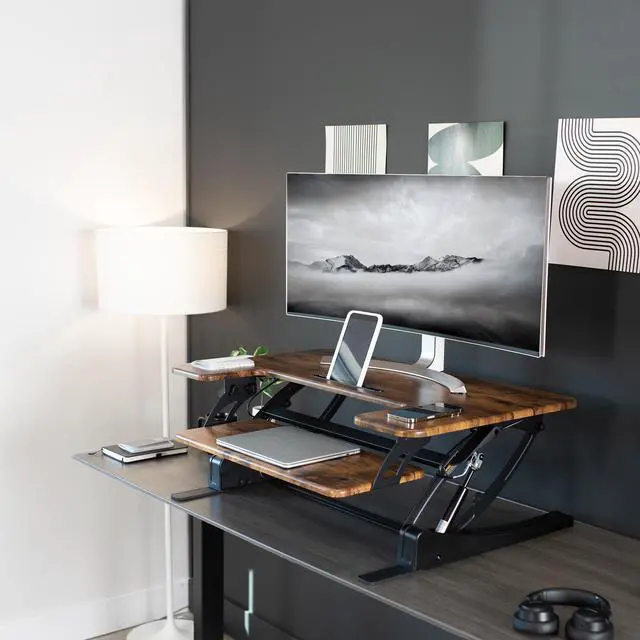 Alt view image 6 of 7 - VIVO Rustic Vintage Brown Standing Desk Riser, Tabletop Sit-Stand, Black Frame