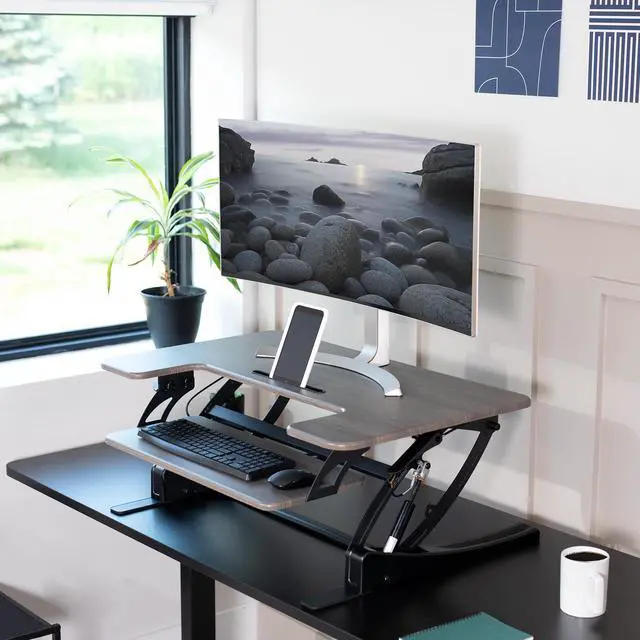 Alt view image 2 of 7 - VIVO Gray Height Adjustable Standing Desk Riser, Tabletop Sit-Stand, Black Frame