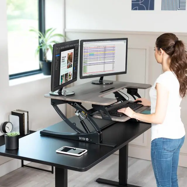 Alt view image 6 of 7 - VIVO Gray Height Adjustable Standing Desk Riser, Tabletop Sit-Stand, Black Frame
