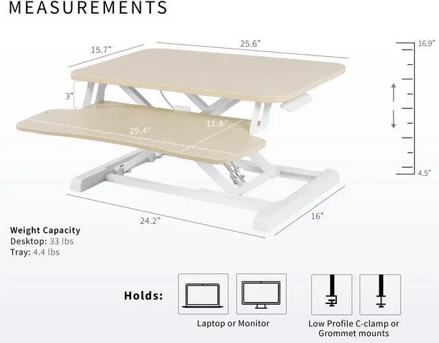 Alt view image 3 of 7 - VIVO Light Wood 26" Height Adjustable Standing Desk Monitor Riser, White Frame