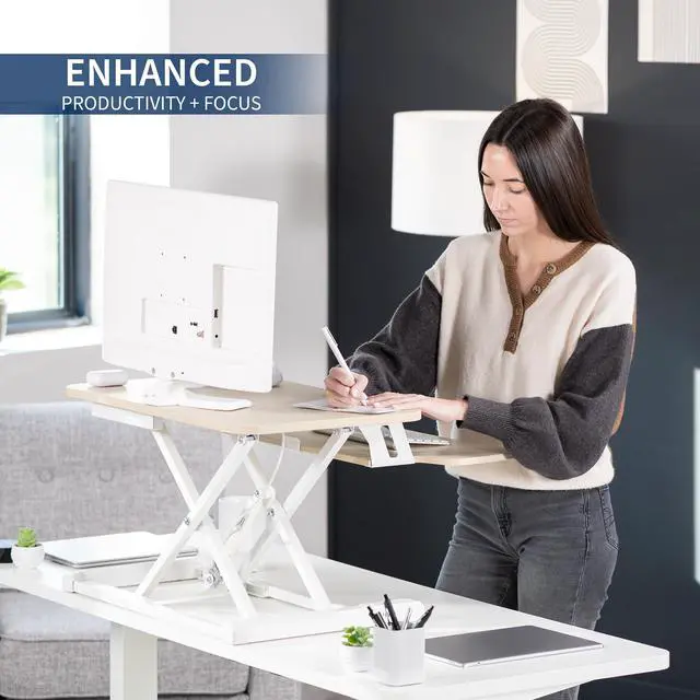 Alt view image 4 of 7 - VIVO Light Wood 26" Height Adjustable Standing Desk Monitor Riser, White Frame