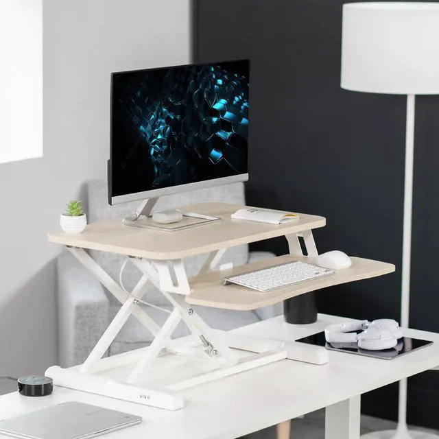 Alt view image 2 of 7 - VIVO Light Wood 26" Height Adjustable Standing Desk Monitor Riser, White Frame