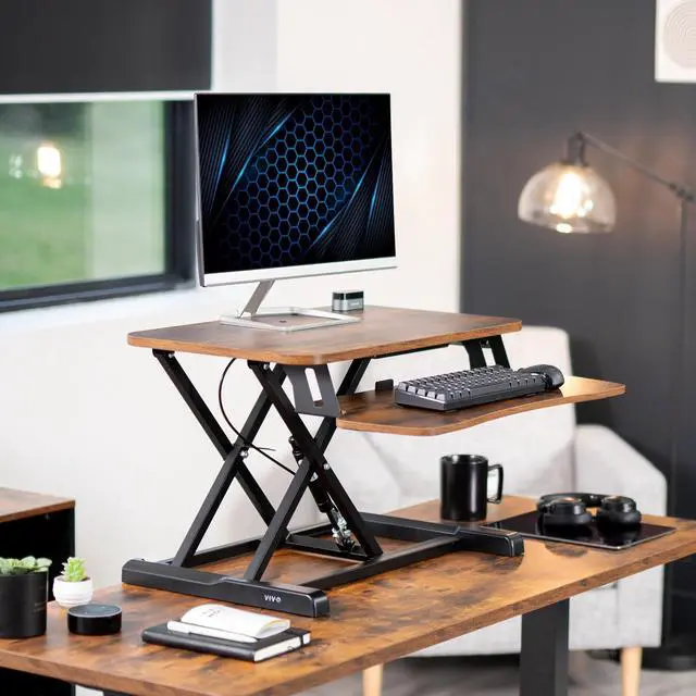 Alt view image 2 of 7 - VIVO Rustic Vintage Brown 26" Height Adjustable Standing Desk Riser Sit to Stand