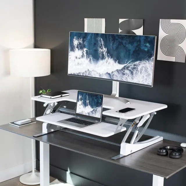 Alt view image 6 of 7 - VIVO White Height Adjustable Extra Wide 42" Stand Up Desk Converter Workstation