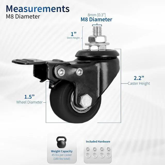 Alt view image 2 of 7 - VIVO 1.5 inch M8 Caster Wheels (Set of 4) for TV Carts, Desk Frames, and More