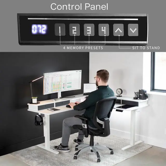 Alt view image 5 of 7 - VIVO 2-Tier Electric 63" x 55" Corner Desk, White Table Top, White Frame