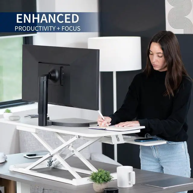 Alt view image 4 of 7 - VIVO White Height Adjustable 42" Standing Desk Monitor Riser, Sit Stand Tabletop