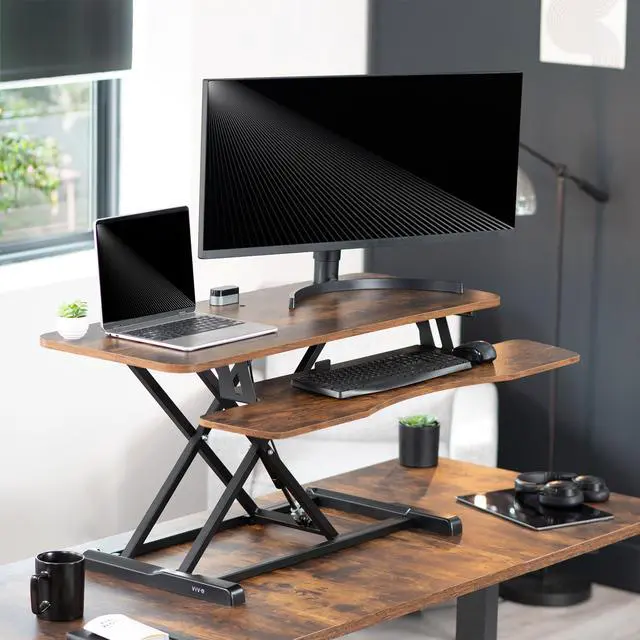Alt view image 2 of 7 - VIVO Adjustable 42" Standing Desk Monitor Riser, Vintage Brown Top, Black Frame