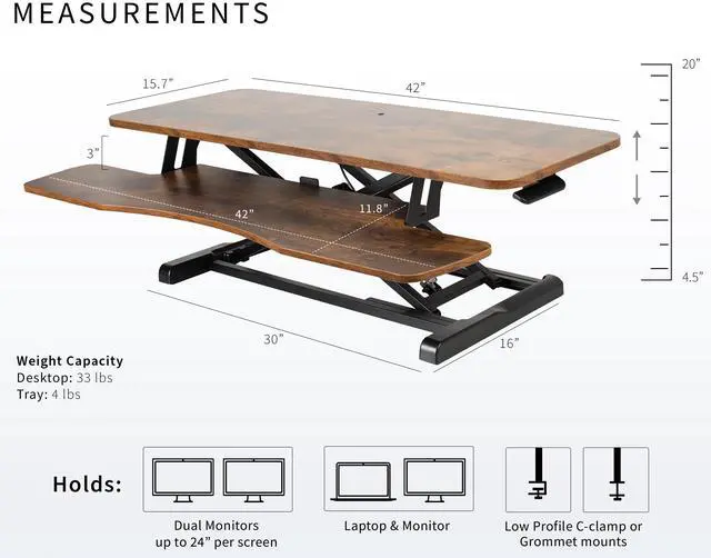 Alt view image 3 of 7 - VIVO Adjustable 42" Standing Desk Monitor Riser, Vintage Brown Top, Black Frame