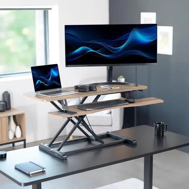 Alt view image 2 of 7 - VIVO Reclaimed Wood Height Adjustable 42" Standing Desk Riser Sit Stand Tabletop