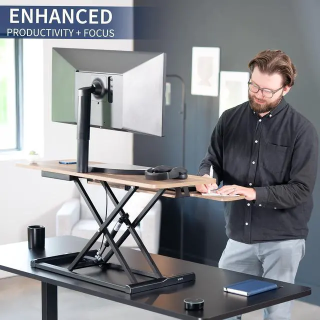 Alt view image 4 of 7 - VIVO Reclaimed Wood Height Adjustable 42" Standing Desk Riser Sit Stand Tabletop