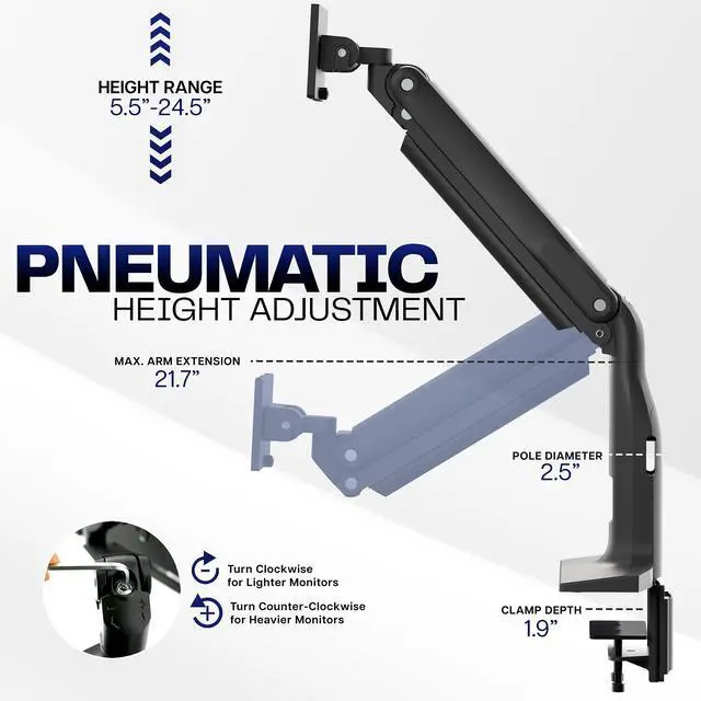 Alt view image 4 of 7 - Single Ultra Wide Monitor Pneumatic Spring Desk Mount with USB, Max VESA 200x100