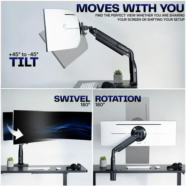 Alt view image 7 of 7 - Single Ultra Wide Monitor Pneumatic Spring Desk Mount with USB, Max VESA 200x100