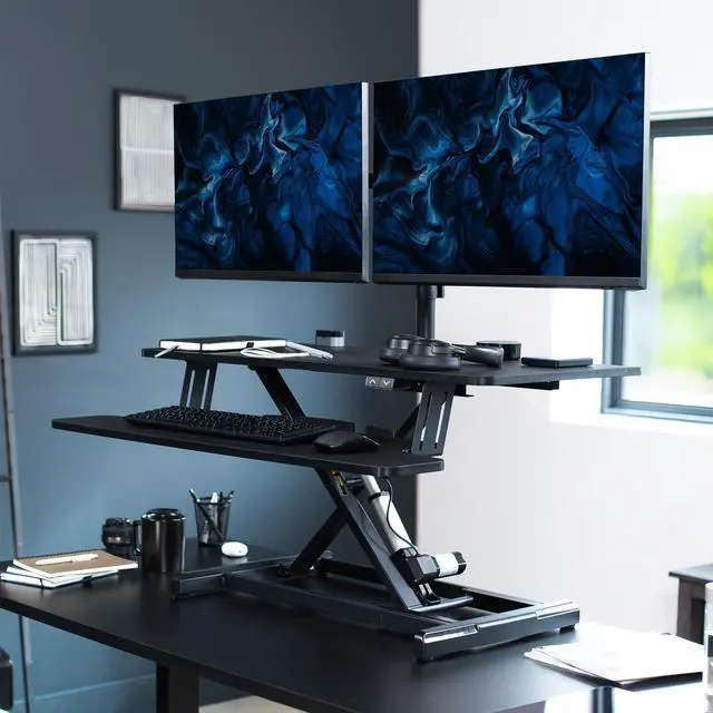 Alt view image 2 of 7 - VIVO Black 36" Electric Desk Riser with Dual Monitor Arm for up to 30" Screens