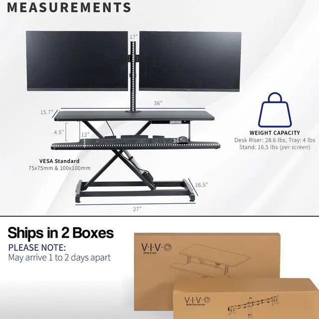 Alt view image 3 of 7 - VIVO Black 36" Electric Desk Riser with Dual Monitor Arm for up to 30" Screens