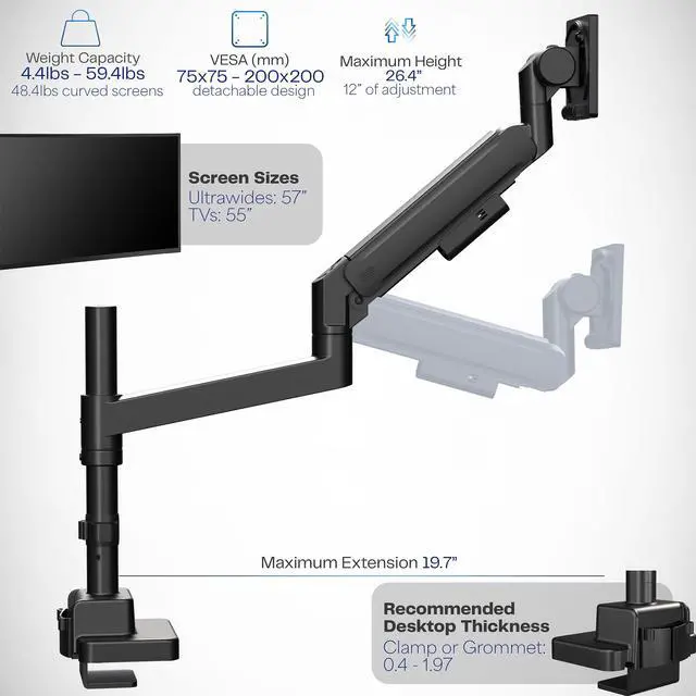 Alt view image 3 of 7 - VIVO Black Heavy Duty Pneumatic Single Ultrawide Computer Monitor Arm Desk Mount