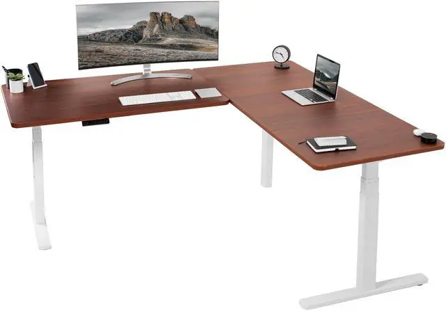 Main image of VIVO Electric 77" x 71" Corner Desk, Dark Walnut Table Tops, White Frame