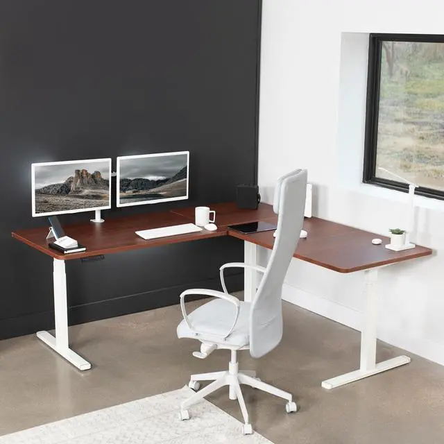 Alt view image 3 of 7 - VIVO Electric 77" x 71" Corner Desk, Dark Walnut Table Tops, White Frame