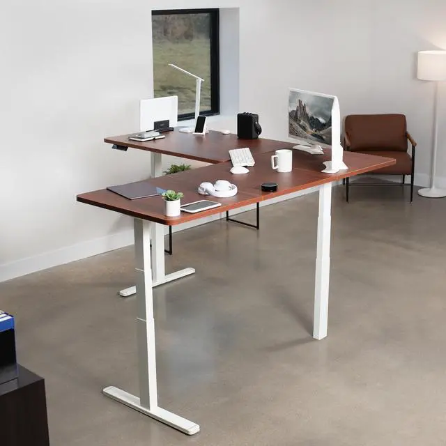 Alt view image 2 of 7 - VIVO Electric 77" x 71" Corner Desk, Dark Walnut Table Tops, White Frame