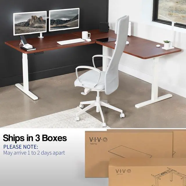 Alt view image 7 of 7 - VIVO Electric 77" x 71" Corner Desk, Dark Walnut Table Tops, White Frame