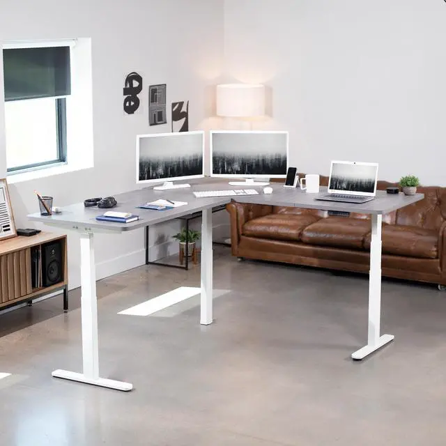 Alt view image 2 of 7 - VIVO Electric 77" x 71" Corner Desk, Dark Gray Table Tops, White Frame