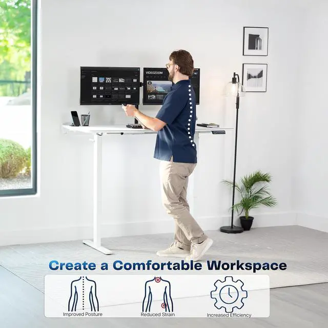 Alt view image 3 of 7 - VIVO Electric 60" x 30" Desk, Full Pad, White Hidden Cable Tabletop, White Frame