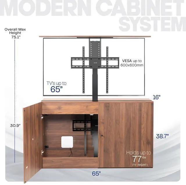 Alt view image 3 of 7 - VIVO Walnut Motorized Vertical Lift Concealed TV Cabinet Kit, Holds 32-65 TVs