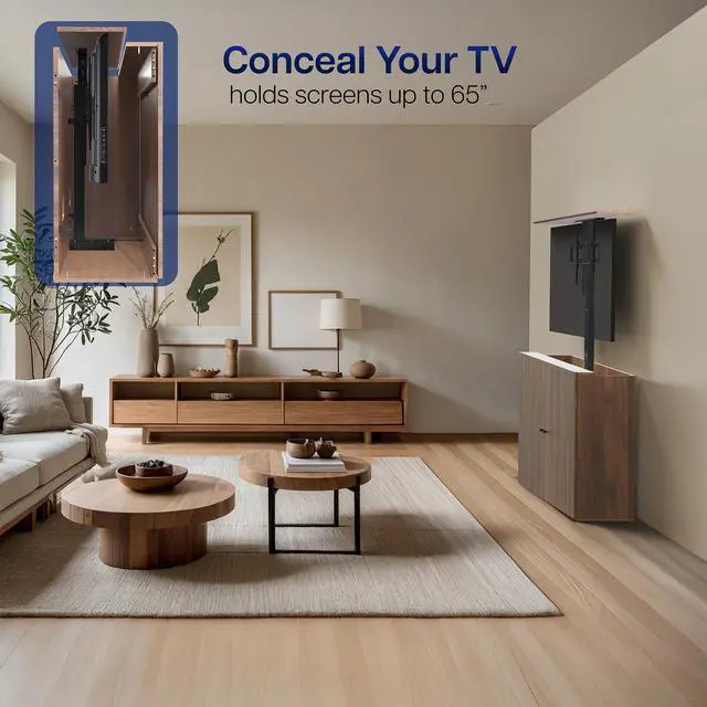 Alt view image 5 of 7 - VIVO Walnut Motorized Vertical Lift Concealed TV Cabinet Kit, Holds 32-65 TVs