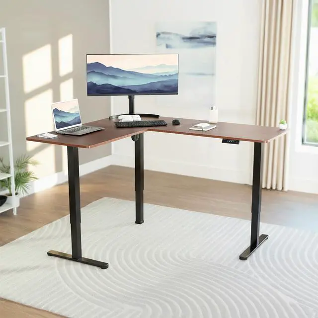 Alt view image 2 of 7 - VIVO Dark Walnut / Black Electric 63" x 55" Corner Desk, L-Shaped Workstation