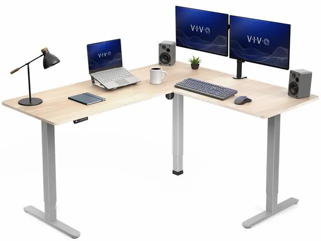 Main image of VIVO Light Wood / Gray Electric 63" x 55" Corner Desk, L-Shaped Workstation