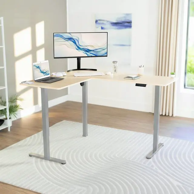 Alt view image 2 of 7 - VIVO Light Wood / Gray Electric 63" x 55" Corner Desk, L-Shaped Workstation