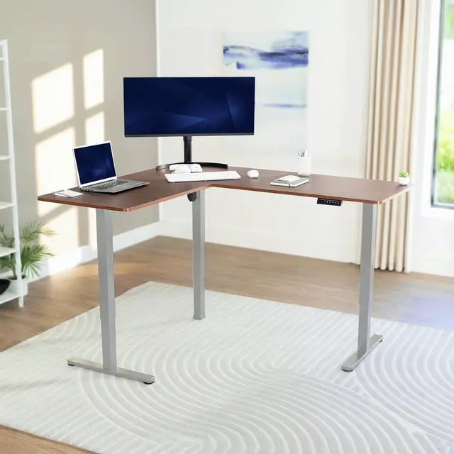 Alt view image 2 of 7 - VIVO Dark Walnut / Gray Electric 63" x 55" Corner Desk, L-Shaped Workstation