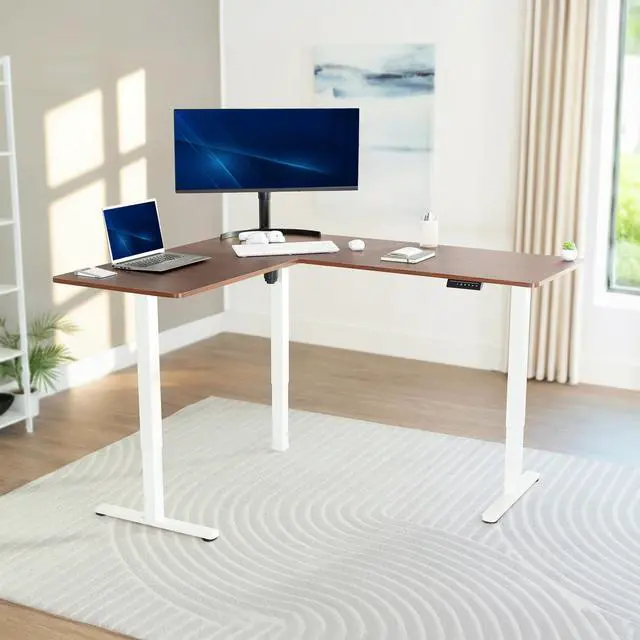 Alt view image 2 of 7 - VIVO Electric 63" x 55" Corner Stand Up Desk, Dark Walnut Table Top, White Frame