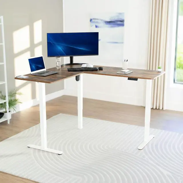 Alt view image 2 of 7 - VIVO Electric 63" x 55" Corner Desk, Rustic Vintage Brown Table Top, White Frame
