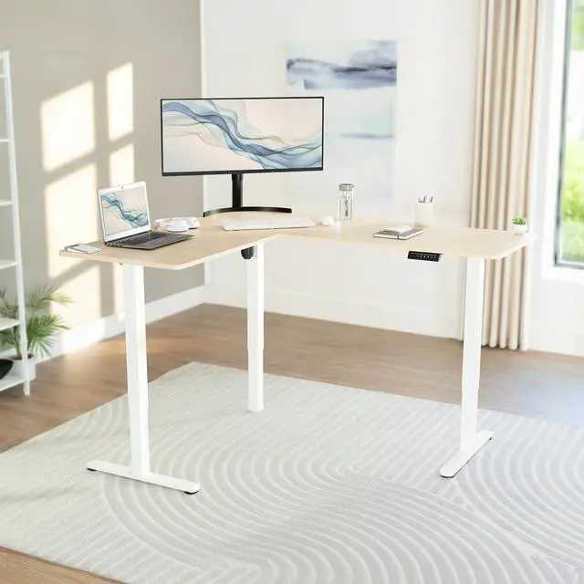 Alt view image 2 of 6 - VIVO Light Wood / White Electric 63" x 55" Corner Desk, L-Shaped Workstation