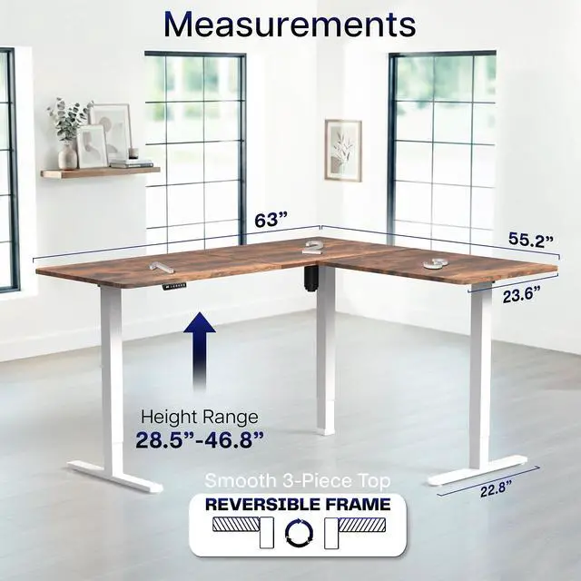 Alt view image 5 of 7 - VIVO Electric 63" x 55" Corner Desk, Rustic Vintage Brown Table Top, White Frame