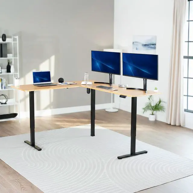 Alt view image 2 of 7 - VIVO Bamboo / Black Electric 75" x 63" Corner Desk Workstation