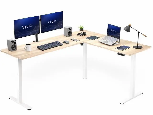 Main image of VIVO Light Wood / White Electric 75" x 63" Corner Desk Workstation