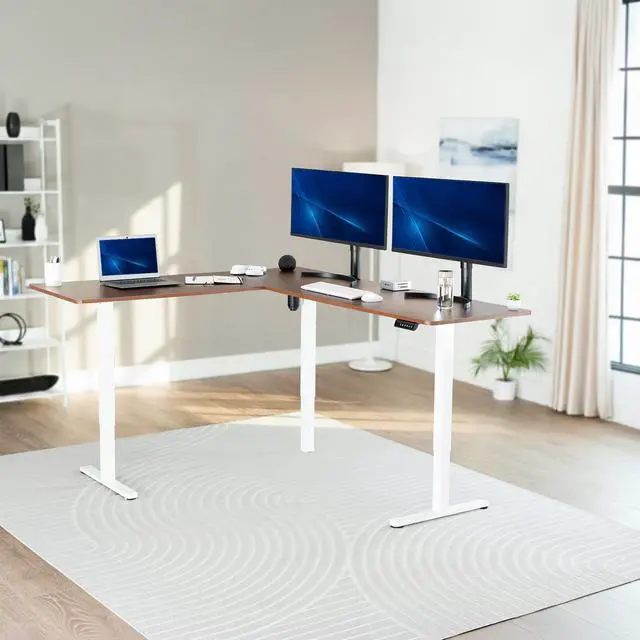 Alt view image 2 of 7 - VIVO Dark Walnut / White Electric 75" x 63" Corner Desk, L-Shaped Workstation