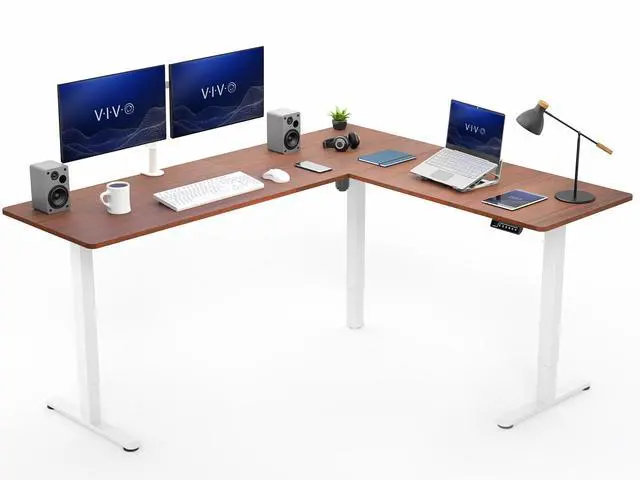 Main image of VIVO Dark Walnut / White Electric 75" x 63" Corner Desk, L-Shaped Workstation